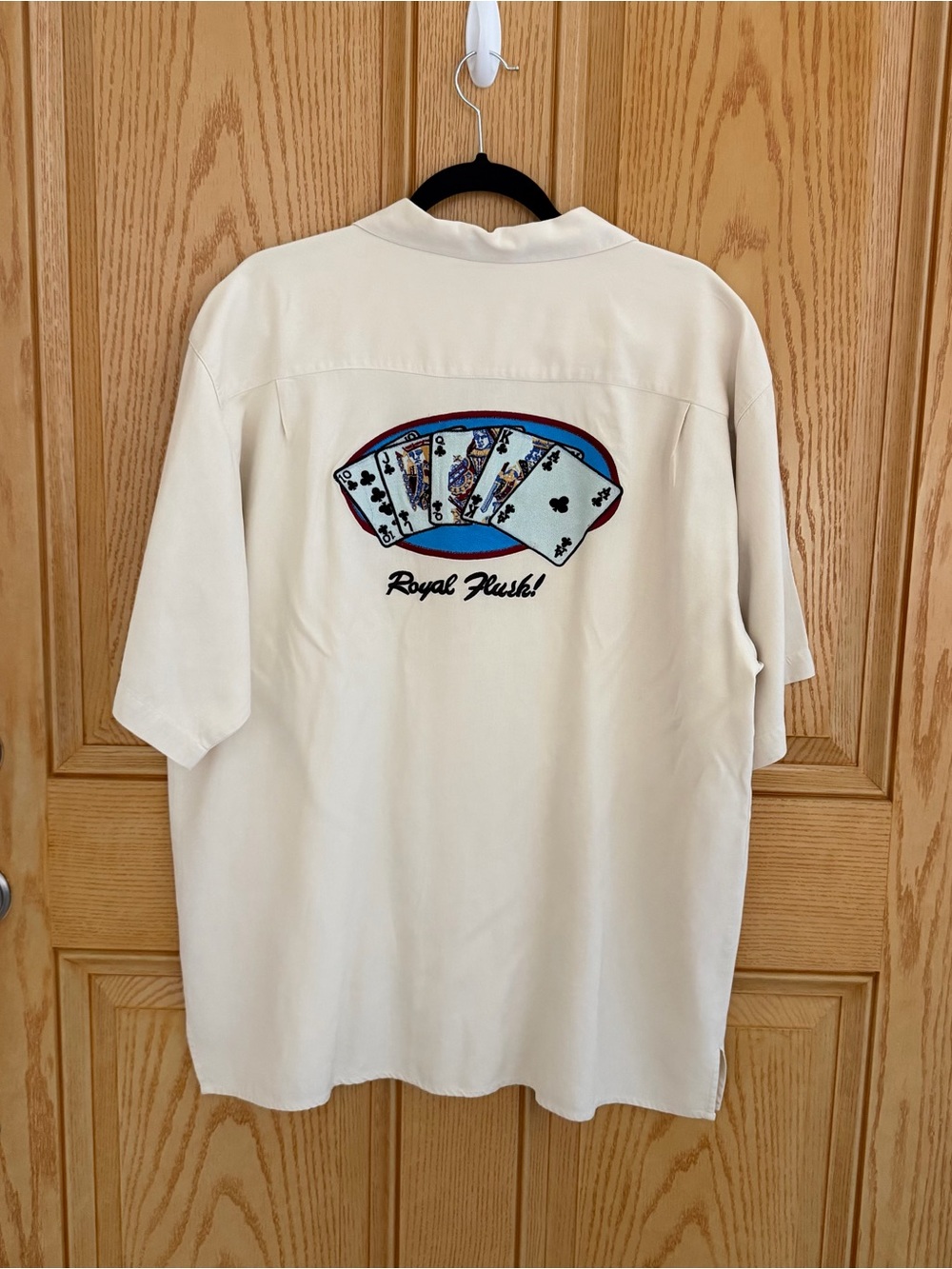 Bobby Chan 100% silk men’s XL Royal Flush Embroidered Short-Sleeve Shirt - Cream